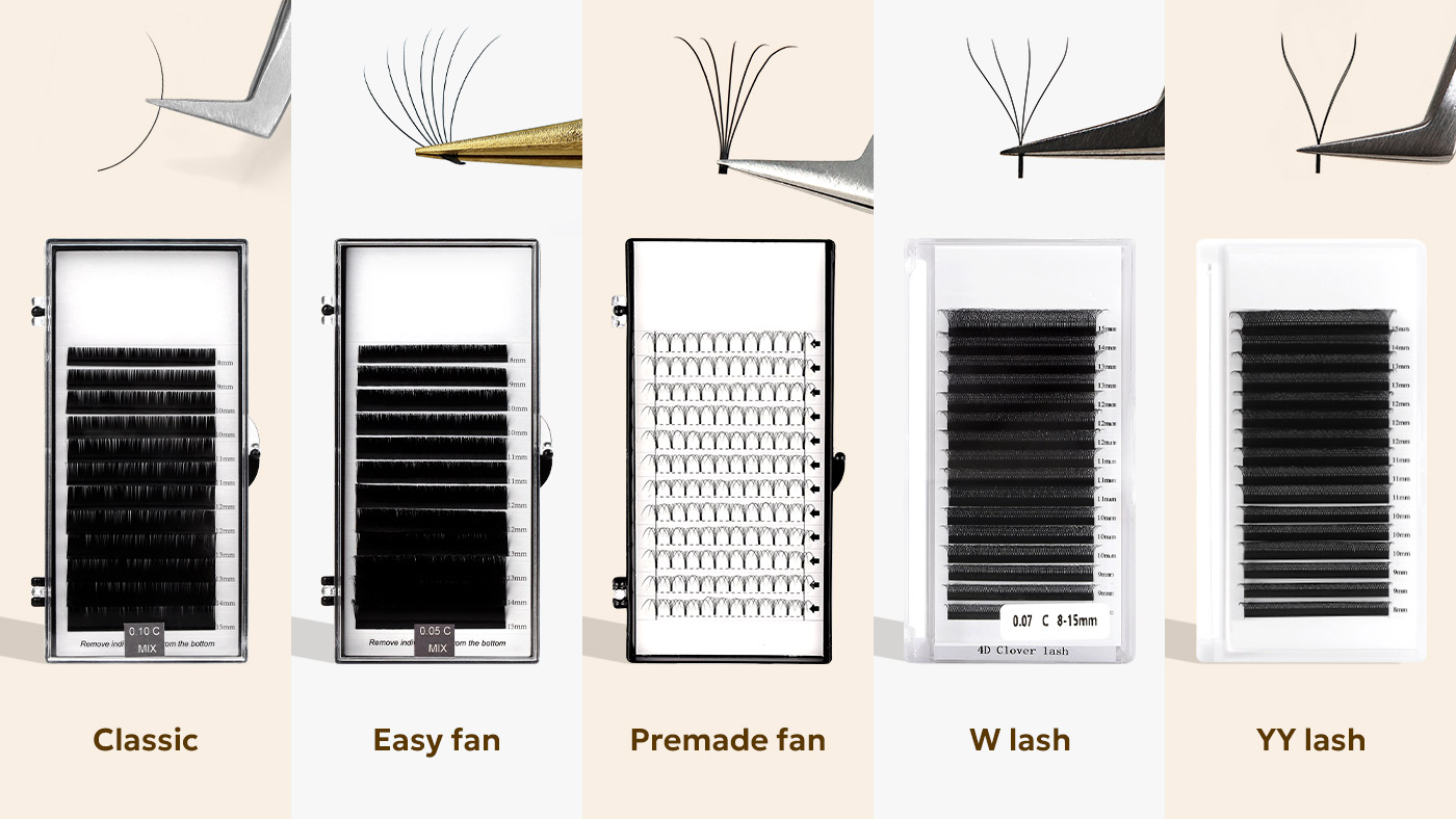 Types of lash extensions – classic, easy fan, premade fan for professional use 1